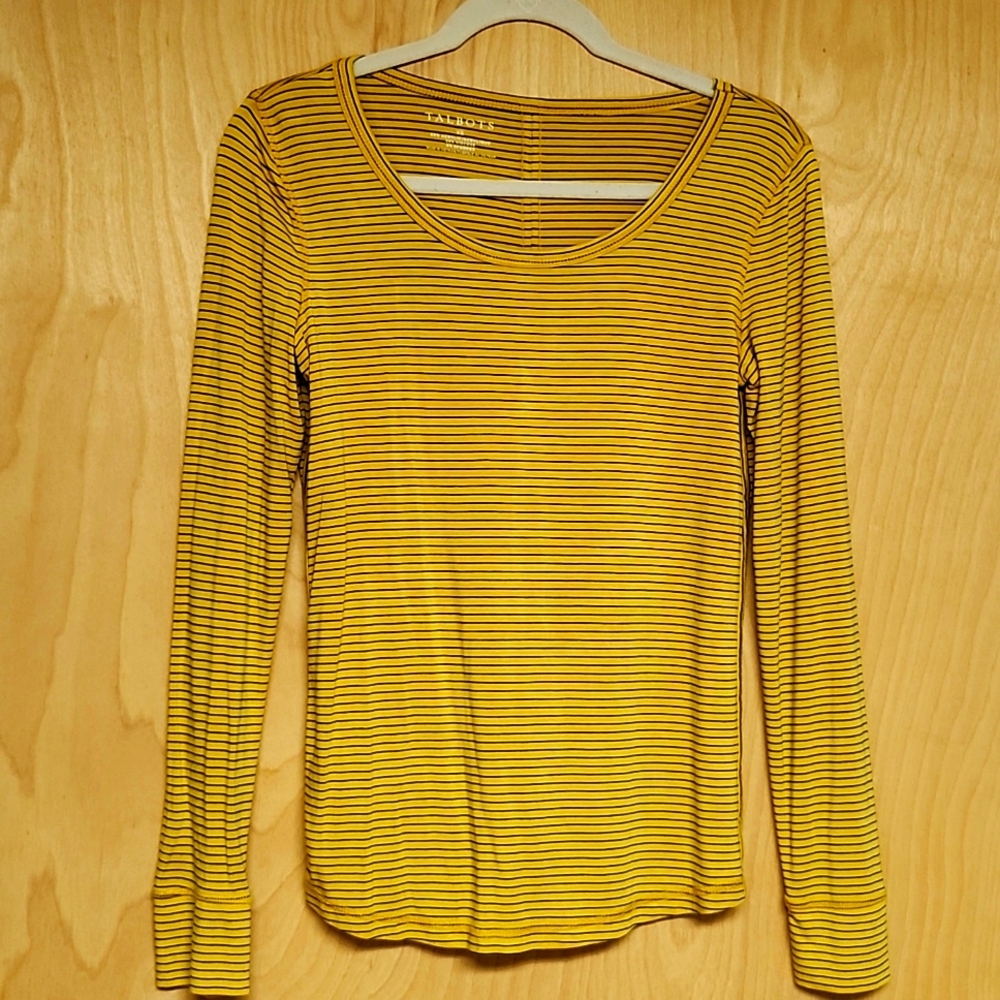 Talbots Mustard and Black Striped Long Sleeve Top Tagless Super Soft Sz XS